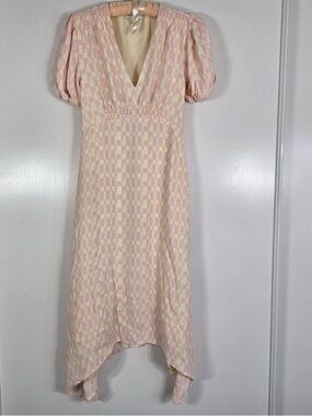 Pink and Cream Checker Midi Dress with Puff Sleeves